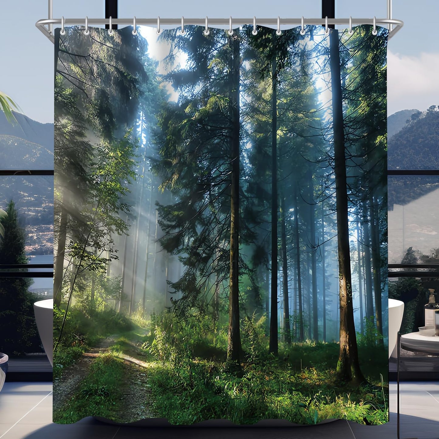 Lerores Shower Curtain, 150 x 180 cm, Forest Jungle, Weighted Hem, Anti-Mould Textile, Water-Repellent, Washable Polyester Bath Curtains with 8