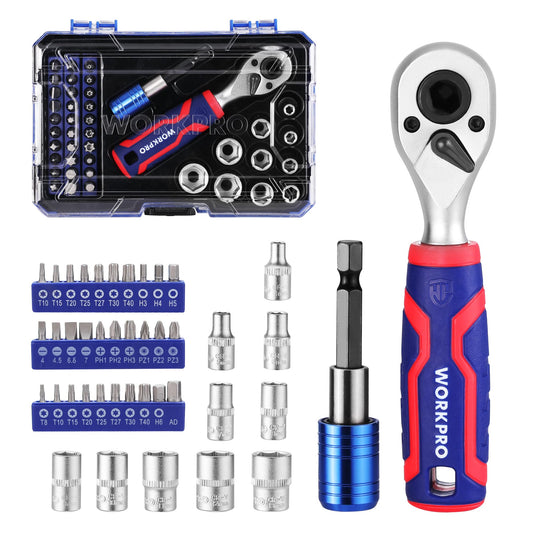 WORKPRO 42-Piece 1/4" Drive Socket Set, Ratchet with Bit Set Metric, Screwdriver Socket Set with Extension Bar for DIY, Car Repair and Daily