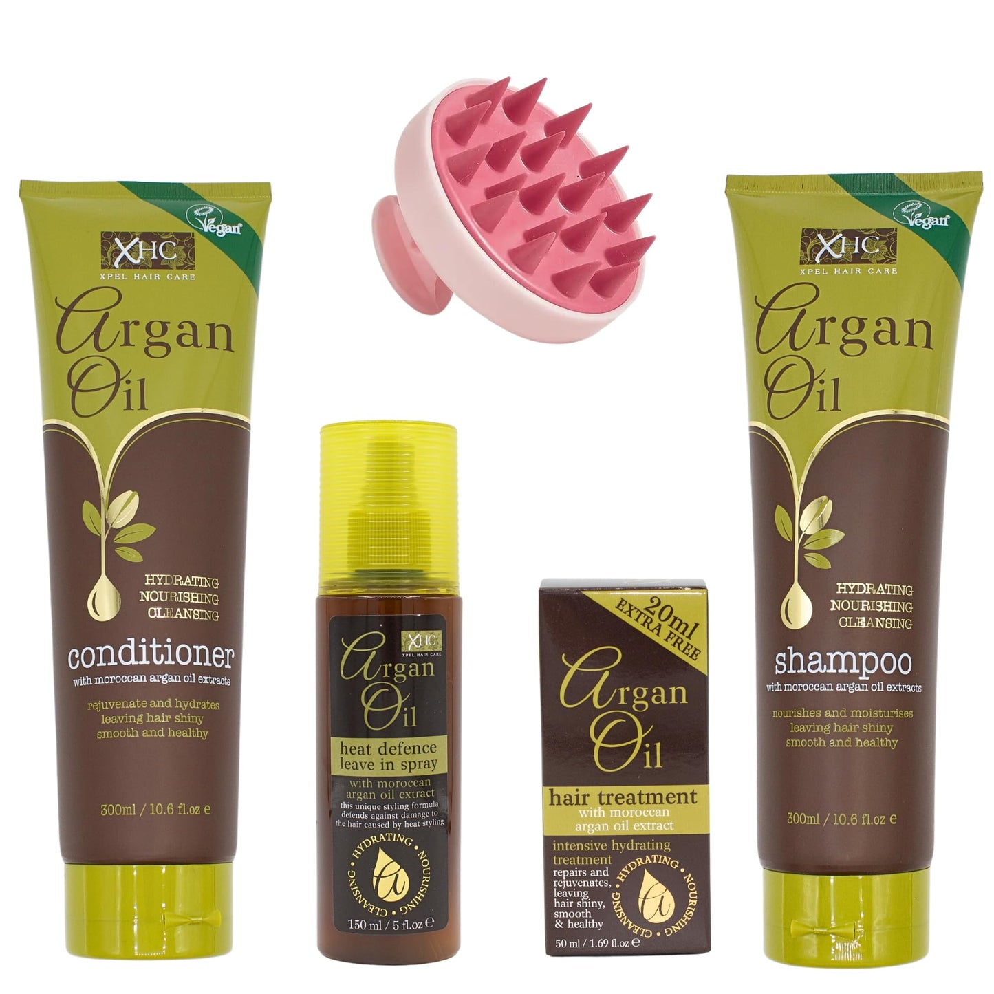 Argan Oil Shampoo And Conditioner (300ml) with Argan Oil Heat Protection (150ml) and Hair Treatment (50ml) Bundled with Glameno Scalp Massager