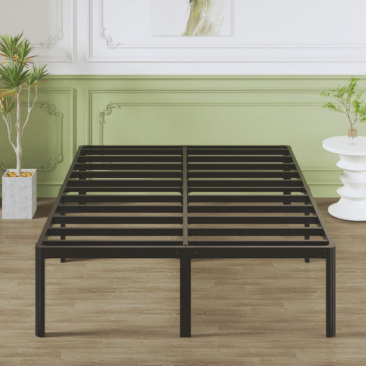 Lutown-Teen High Metal Bed 160 x 190 cm with Round Legs, 46 cm Height Bed Frame Double Bed with High Metal Slatted Frame, Black
