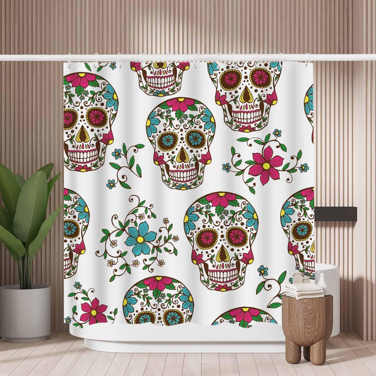 Woutay Shower Curtain Water Repellant Fabric Colorful Sugar Skull with Floral,Mould Proof Resistant,Polyester,Size 180x180CM