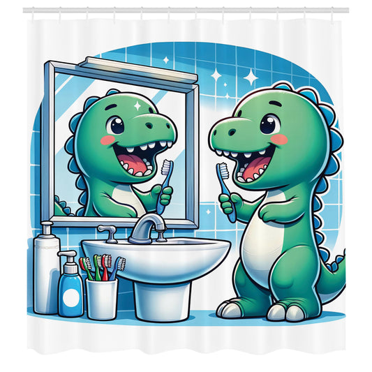 ABAKUHAUS Funny Shower Curtain, Dino Brushing Teeth Cartoon, Cloth Fabric Bathroom Decor Set with Hooks, 175 x 200 cm, Cloverleaf Green Blue