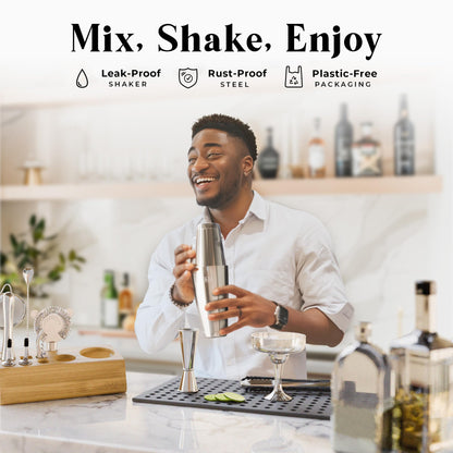 BARE BARREL Cocktail Making Kit | 14-Piece Bartender Kit Cocktail Shaker Set Maker | Bamboo Display Stand & 35 Recipe Cards | Mixology Cocktail Gift