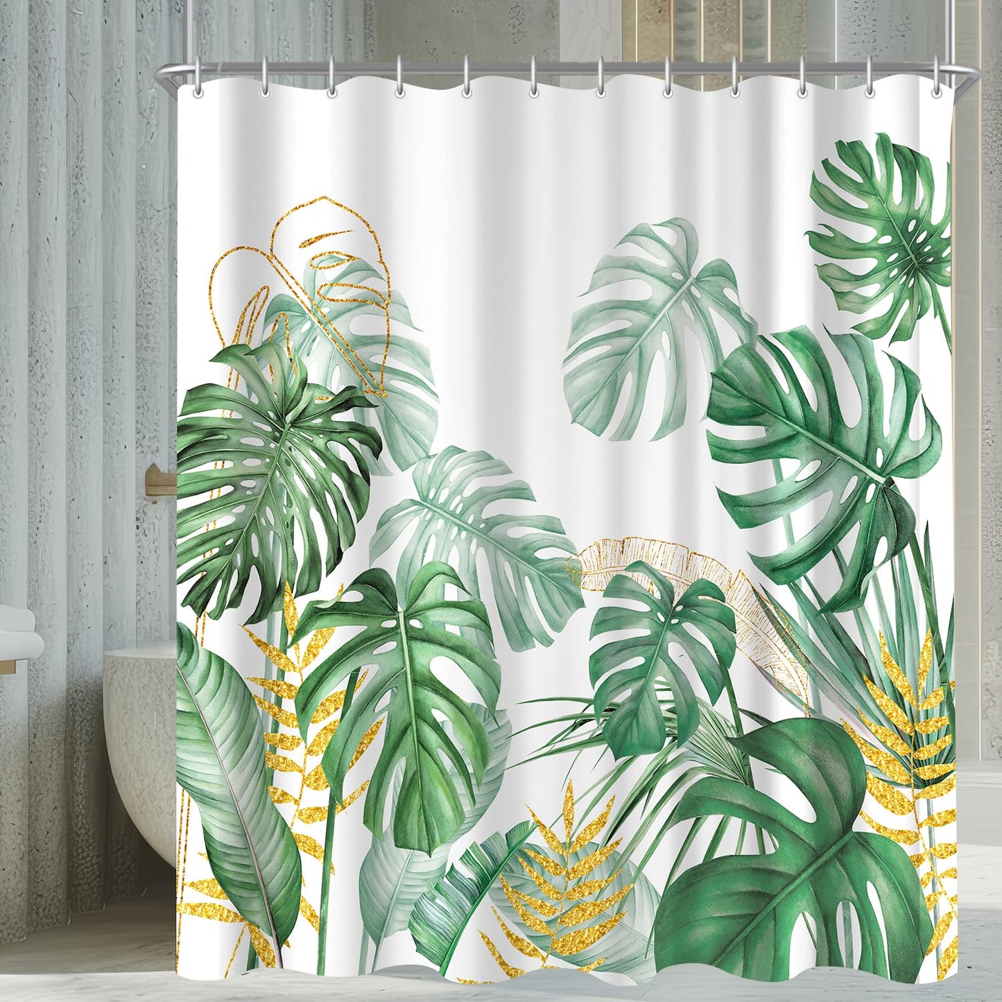 Shower Curtain 240 x 200 cm Golden Edged Bamboo Leaves Motif, Weighted Hem, Anti-Mould, Water-Repellent, Washable Polyester Bath Curtains with 16