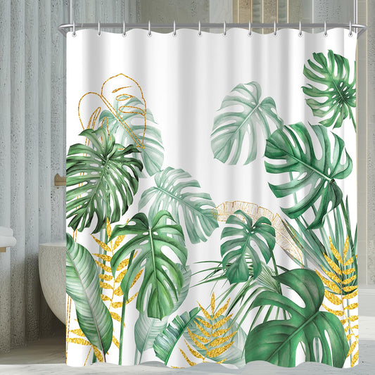 Shower Curtain 240 x 200 cm Golden Edged Bamboo Leaves Motif, Weighted Hem, Anti-Mould, Water-Repellent, Washable Polyester Bath Curtains with 16