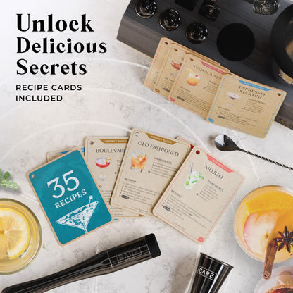 BARE BARREL Cocktail Making Kit | 14-Piece Bartender Kit Cocktail Shaker Set Maker | Bamboo Display Stand & 35 Recipe Cards | Mixology Cocktail Gift