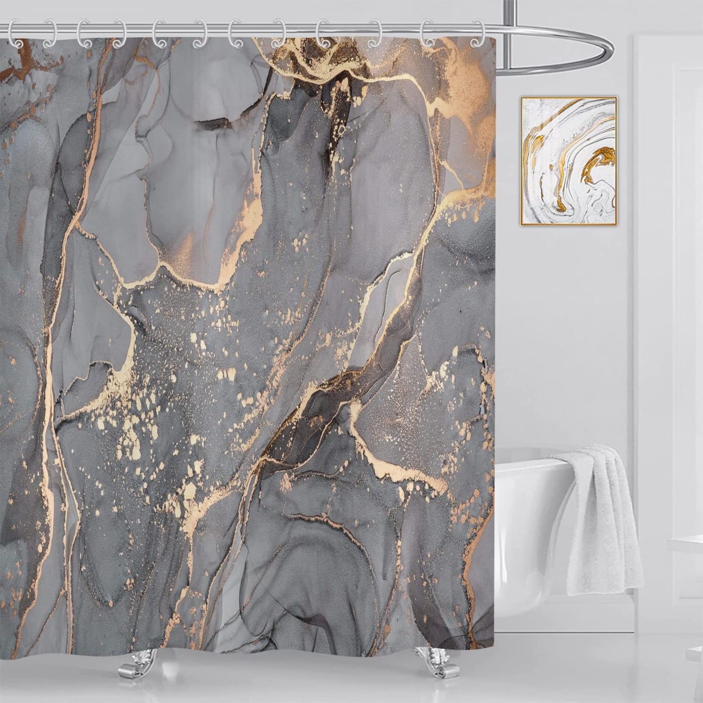ASDCXZ Shower Curtain Marble 240x180 cm, Modern Abstract Grey Gold Black Marble Optic Texture Washable Bath Shower Curtains Polyester Textile