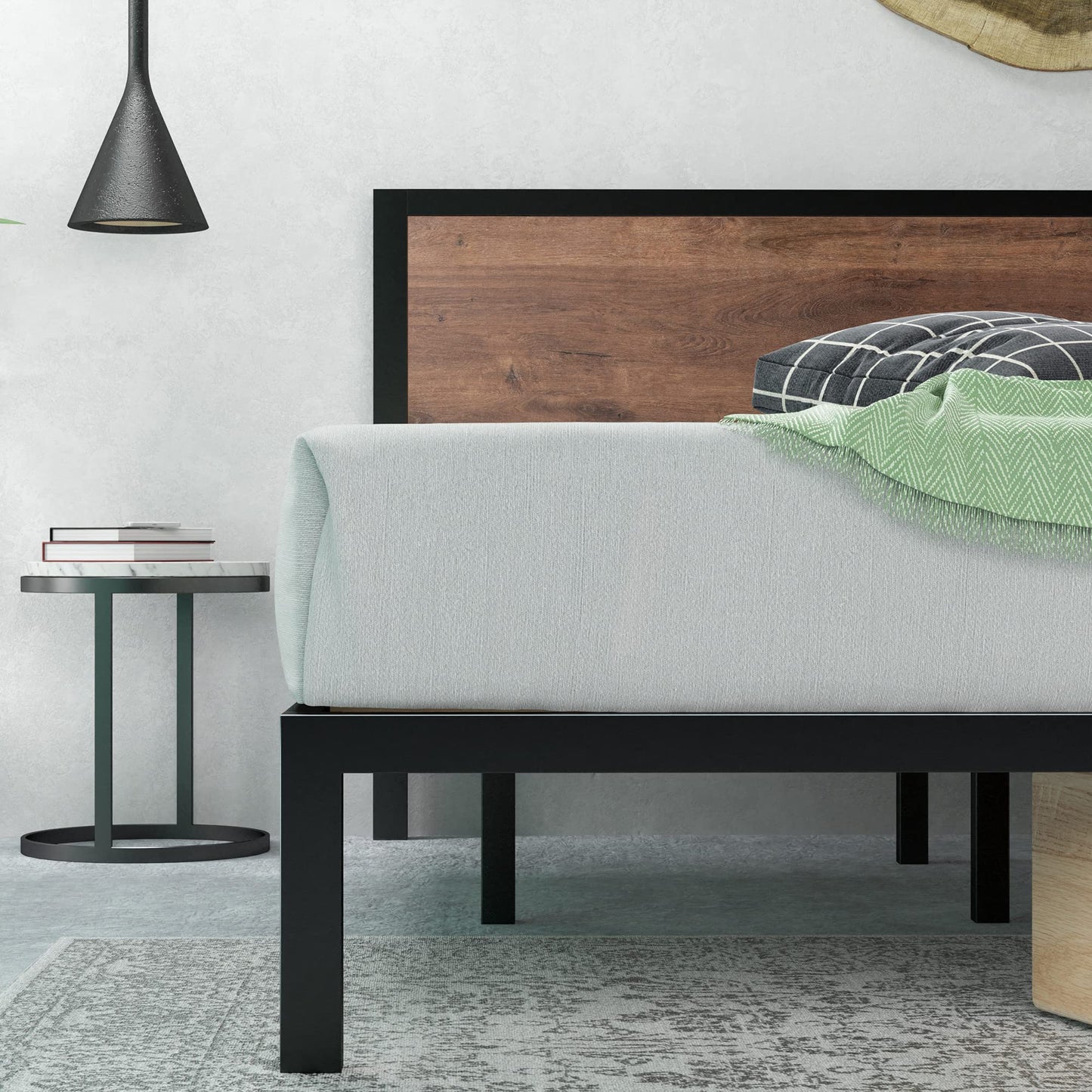 Zinus Mory Single Bed frame - Bed 90x190 cm - 30 cm Height - Metal and Wood Platform Bed frame with Wood slat support - Brown and Black