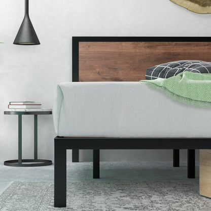 Zinus Mory Single Bed frame - Bed 90x190 cm - 30 cm Height - Metal and Wood Platform Bed frame with Wood slat support - Brown and Black