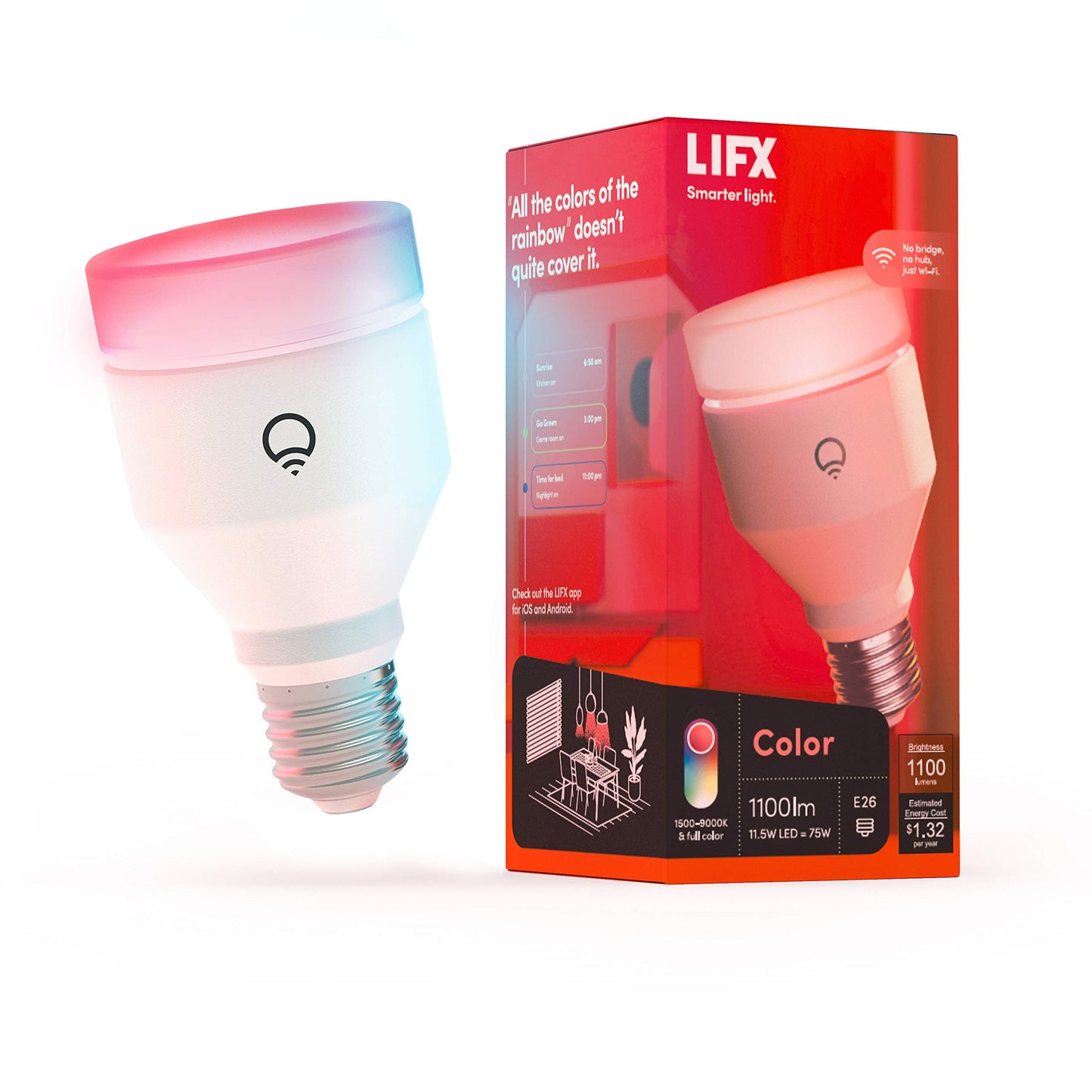 LIFX Color, A19 1100 lumens, Wi-Fi Smart LED Light Bulb, Billions of Colors and Whites, No Bridge Required, Compatible with Alexa, Hey Google, HomeKit