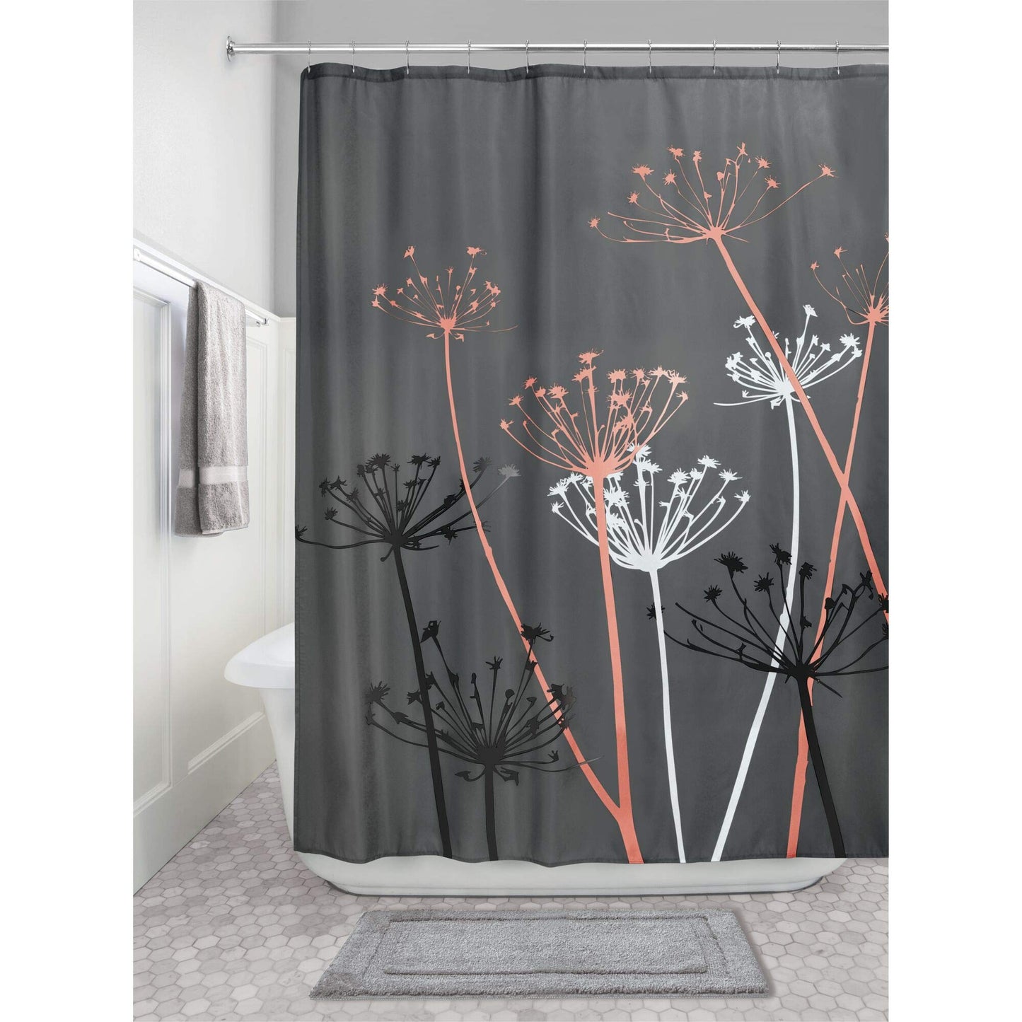 iDesign Thistle Shower Curtain, High Bathtub Curtain, Made of Polyester, Grey/Coral,183 x 183 cm