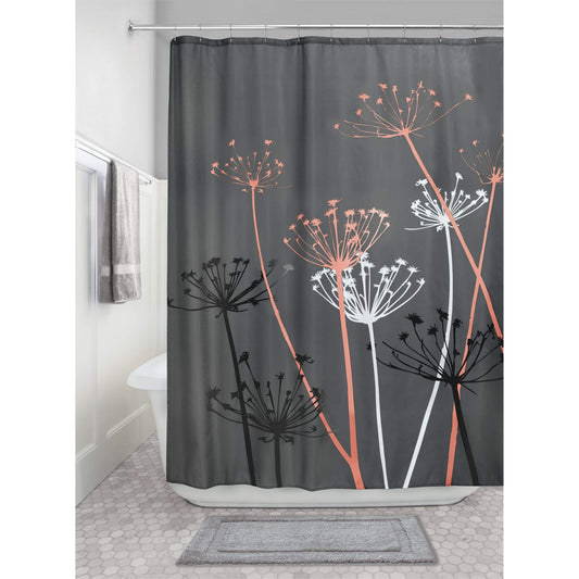 iDesign Thistle Shower Curtain, High Bathtub Curtain, Made of Polyester, Grey/Coral,183 x 183 cm