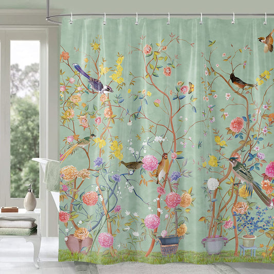 Shower Curtain Green Mould Proof Resistant Waterproof Bird Floral Bathroom Curtains with 12 hooks Quick-Drying Weighted 180x180cm (71x71Inch)
