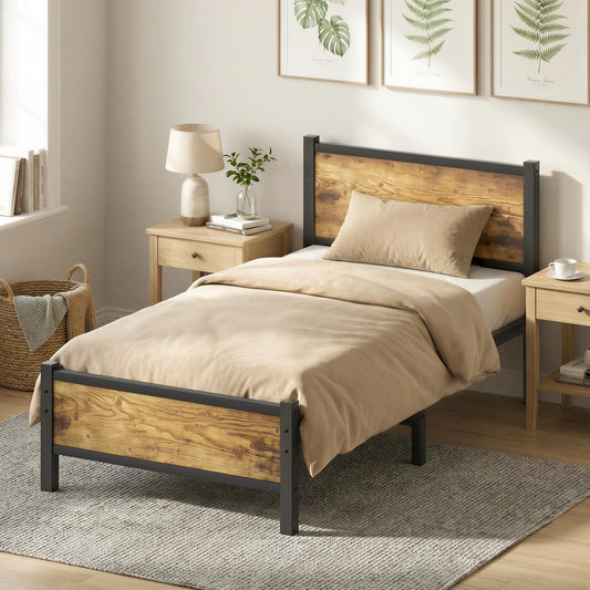 Frost IX Single Bed Frame with Wooden Headboard and Footboard, 3ft Single Bed with Heavy Duty Metal Slats Support, Under-Bed Storage, Noise Free, Easy