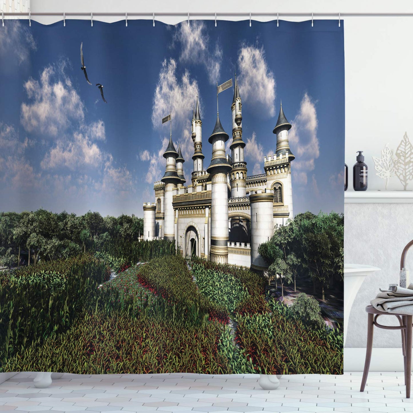 ABAKUHAUS Fairy Tale Shower Curtain, 2 Bald Eagles Fly over the Magnificent Royal Castle Surrounded by Gardens, Cloth Fabric Bathroom Decor Set with