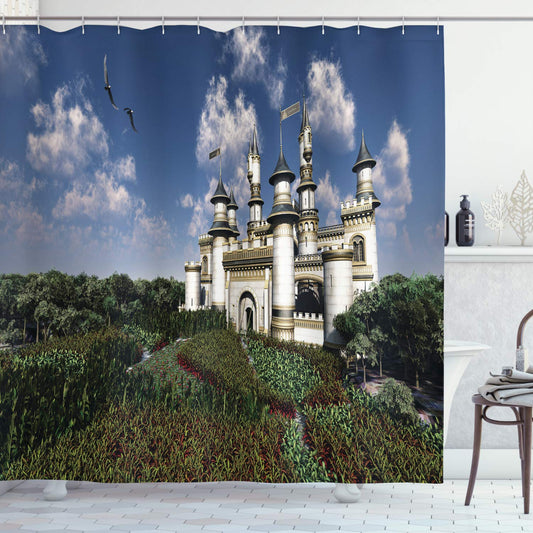 ABAKUHAUS Fairy Tale Shower Curtain, 2 Bald Eagles Fly over the Magnificent Royal Castle Surrounded by Gardens, Cloth Fabric Bathroom Decor Set with