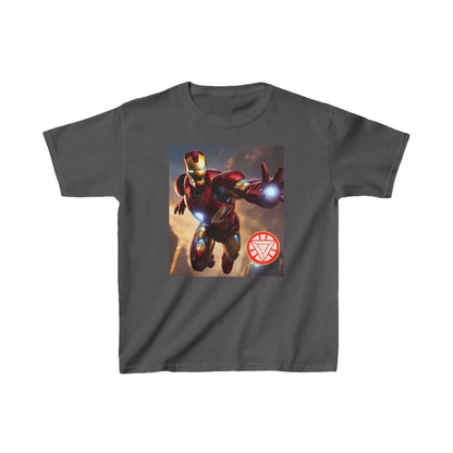 Kids Iron Man Heavy Duty T-Shirt with Hulk Graphic, showcasing a vibrant image of Iron Man, ideal for children who admire superheroes.