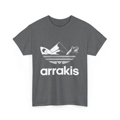 Fashionable front view of the grey Arrakis Dune Graphic T-Shirt, adorned with artistic design, perfect for distinguished style.