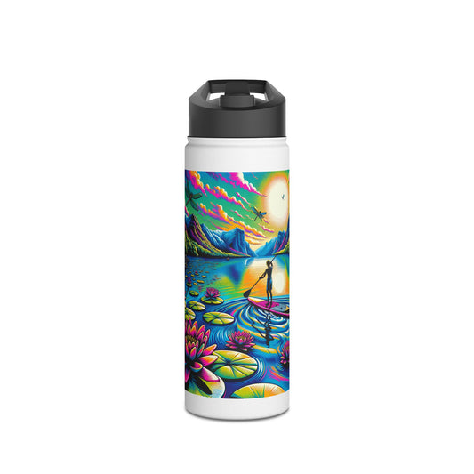 Elegant Fantasy Paddleboarding Stainless Steel Water Bottle showcasing colourful paddleboarding scene, ideal for outdoor enthusiasts seeking stylish hydration options.