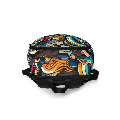 Vibrant Pop Art Backpack featuring dynamic cartoon characters by Dazzling Dreams Studio, embodying modern aesthetics with eye-catching patterns perfect for artistic expression.
