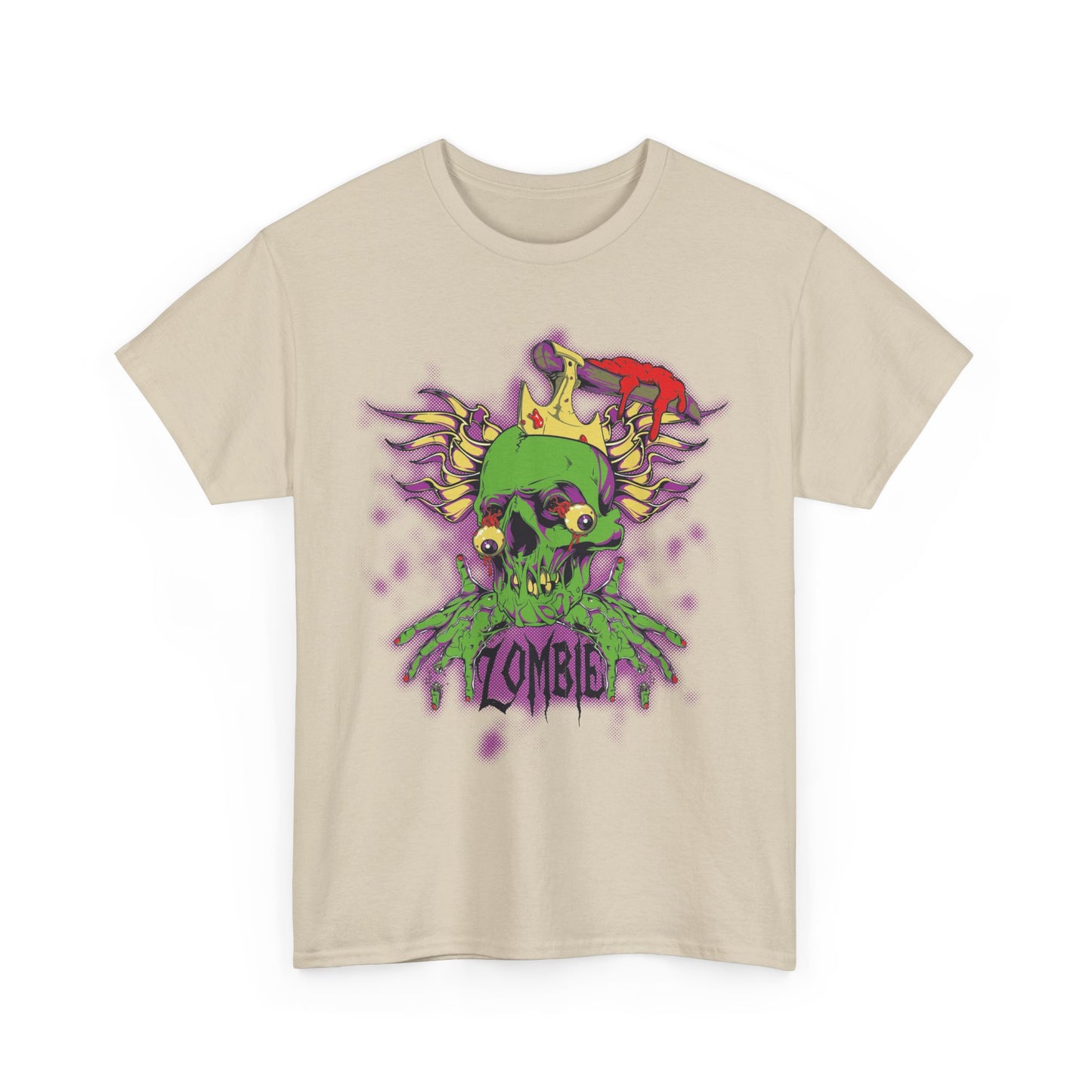 Front view of a premium beige men's t-shirt showcasing a vibrant cartoon zombie skull design with a crown and colourful details.