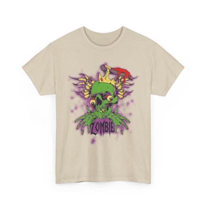 Front view of a premium beige men's t-shirt showcasing a vibrant cartoon zombie skull design with a crown and colourful details.