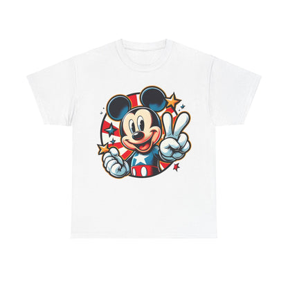 Mickey Mouse Pop Art Graphic Unisex Graphic Tee Shirt in white, presenting a striking graphic of Mickey Mouse making a peace sign, surrounded by a playful burst of stars.