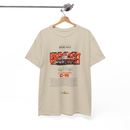 Chic beige Chevrolet C-10 graphic tee artistically hung, highlighting a vintage truck illustration with stylish lettering, a must-have for classic car lovers.