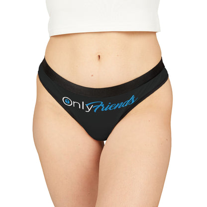 Chic black thong panties displayed elegantly on a model, showcasing the stylish 'Only Friends' logo in vibrant blue against a sleek background, embodying modern luxury and playful intimacy.
