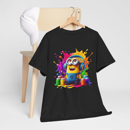 Men's Funny Minion Paint Splash T-Shirt displayed on a wooden hanger with a white cap, featuring a playful Minion design amidst vibrant paint splashes. Perfect for Minion fans looking for a fun tee.