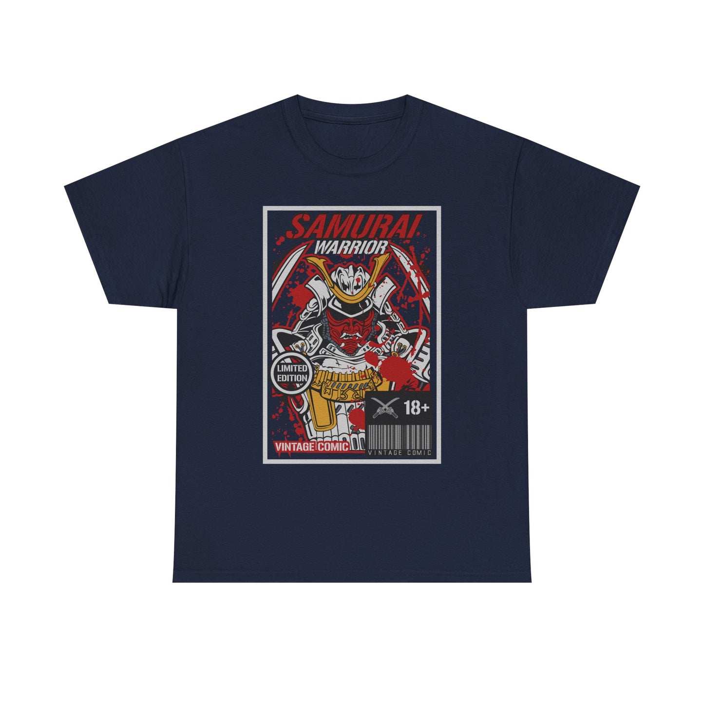 Elegant navy blue t-shirt featuring a striking vintage comic style graphic of a Samurai Warrior, designed for men with a limited edition flair, showcasing an artistic blend of tradition and modern aesthetics.