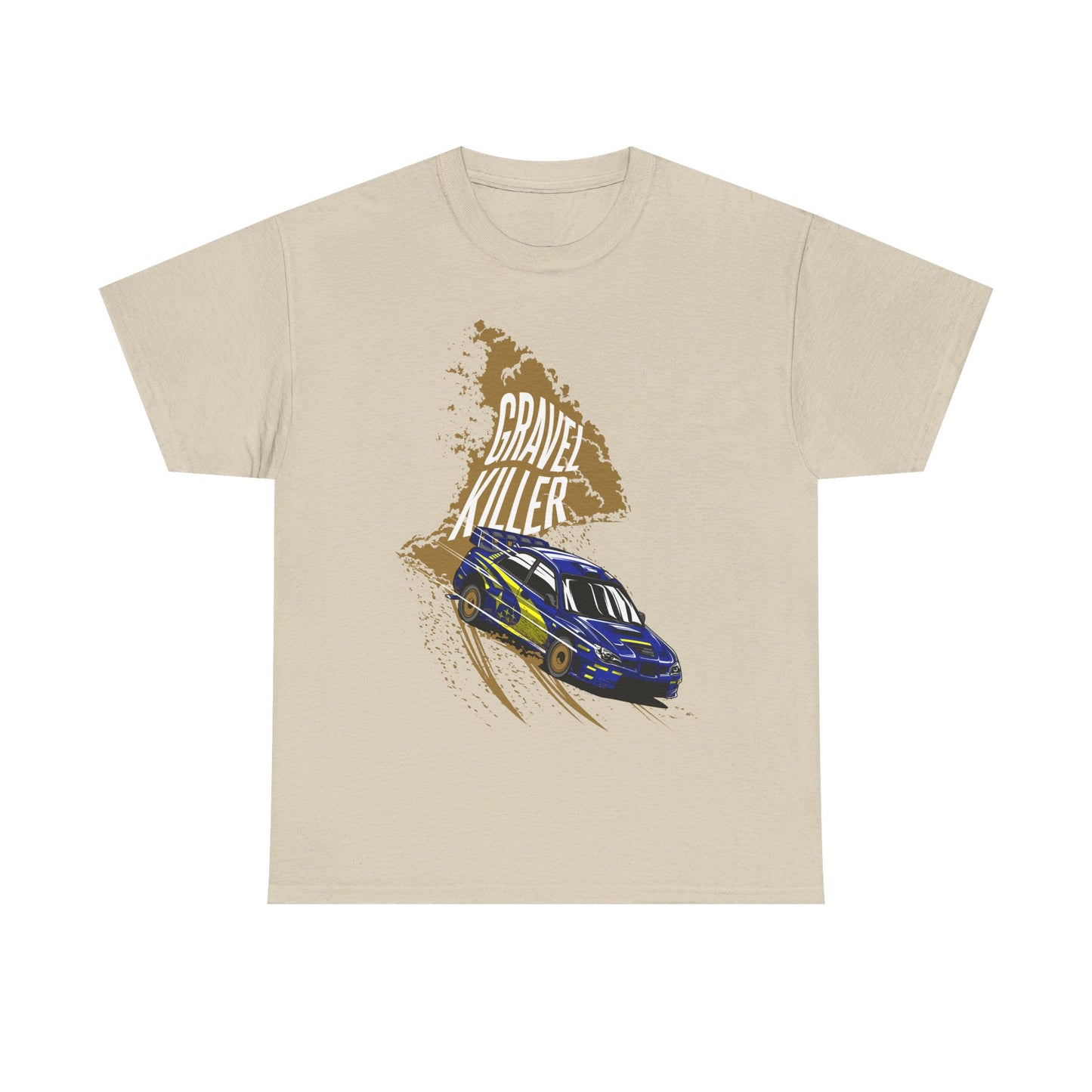 Sophisticated Gravel Killer Men's T-Shirt in beige, adorned with a stunning rally car graphic, epitomising the thrill of racing adventures.