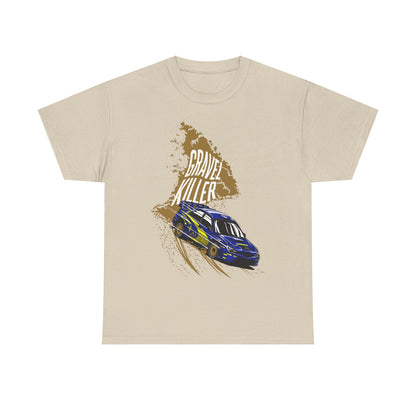 Sophisticated Gravel Killer Men's T-Shirt in beige, adorned with a stunning rally car graphic, epitomising the thrill of racing adventures.