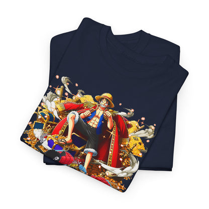 Luxurious navy t-shirt featuring bold anime art of a charismatic captain amidst treasures, perfect for men's fashion enthusiasts.