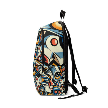 Side view of the Pop Art Geometric Backpack from Dazzling Dreams Studio, featuring a harmonious colour palette that embodies contemporary artistic trends.