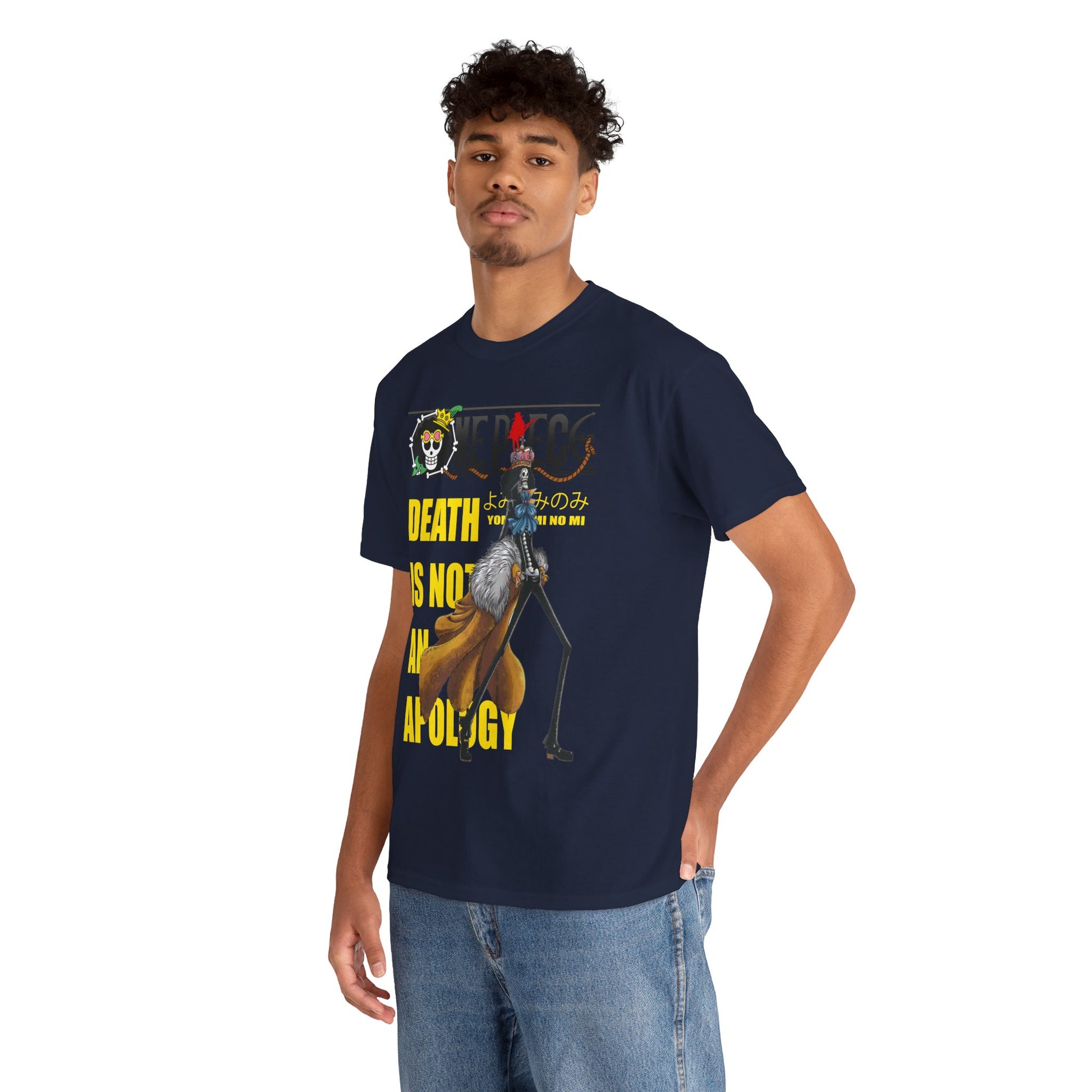 Luxury navy blue graphic tee featuring a striking illustration of a skeleton character with Japanese text, combining vivid colours for anime enthusiasts, perfect for casual elegance.
