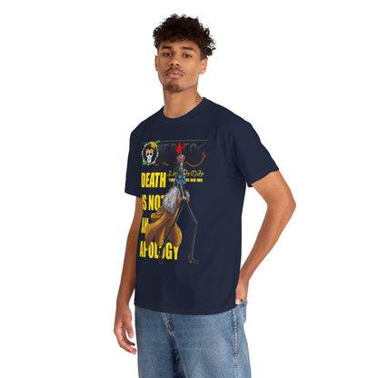 Luxury navy blue graphic tee featuring a striking illustration of a skeleton character with Japanese text, combining vivid colours for anime enthusiasts, perfect for casual elegance.