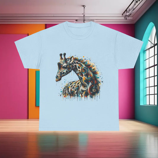 Elegantly displayed Fantasy Art Giraffe Graphic T-Shirt in light blue, featuring an artistic giraffe motif that embodies high-end casual fashion.