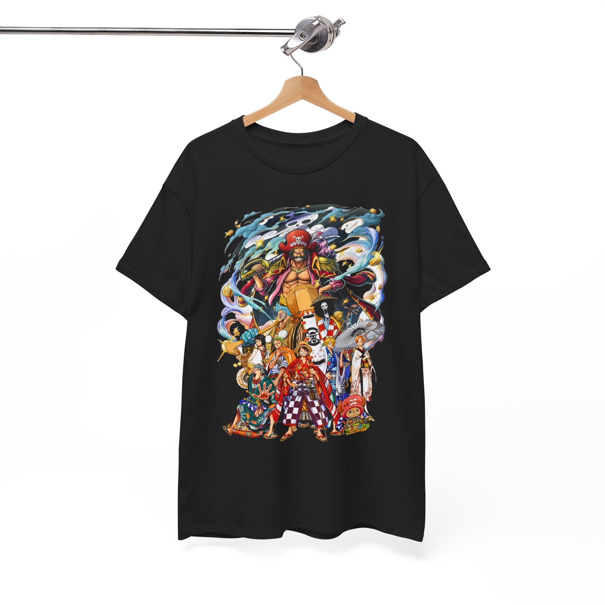 Elegant Epic 1 Piece Adventure Men's T-Shirt showcased on a hanging display, featuring a vibrant anime print of adventurous characters, ideal for stylish anime lovers.