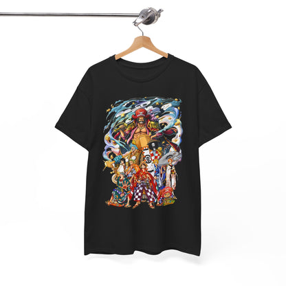Elegant Epic 1 Piece Adventure Men's T-Shirt showcased on a hanging display, featuring a vibrant anime print of adventurous characters, ideal for stylish anime lovers.