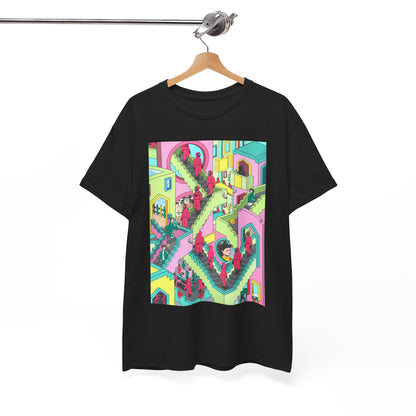 Chic black graphic T-shirt elegantly displayed on a hanger, featuring a captivating print inspired by Squid Game's unique aesthetic and dynamic stairway motif.