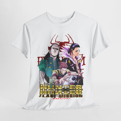 Premium Hunter x Hunter T-Shirt showcasing dynamic character design with Gon, Killua, and Hisoka, emblazoned on a stylish white backdrop, perfect for anime enthusiasts.