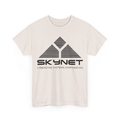 Front view of Skynet Cyberdyne Systems - Terminator Retro Logo Graphic Tee in cream, featuring the iconic Skynet logo for a stylish statement.