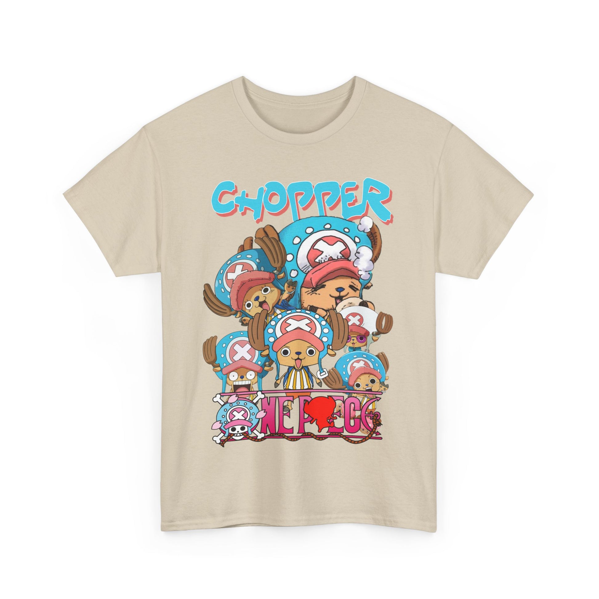 Stylish beige anime t-shirt featuring the character Chopper with vibrant artwork and bold typography, ideal for fashion-forward anime enthusiasts seeking luxury and comfort.