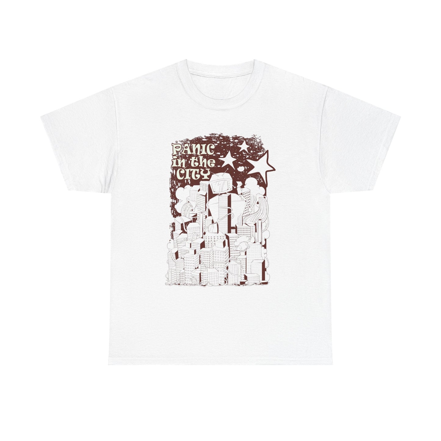 Elegant white men's T-shirt featuring a whimsical urban design titled 'PANIC IN the CITY'. The artistic illustration showcases a chaotic cityscape with playful characters, stars, and dynamic typography, encapsulating a unique blend of modern and vintage vibes.