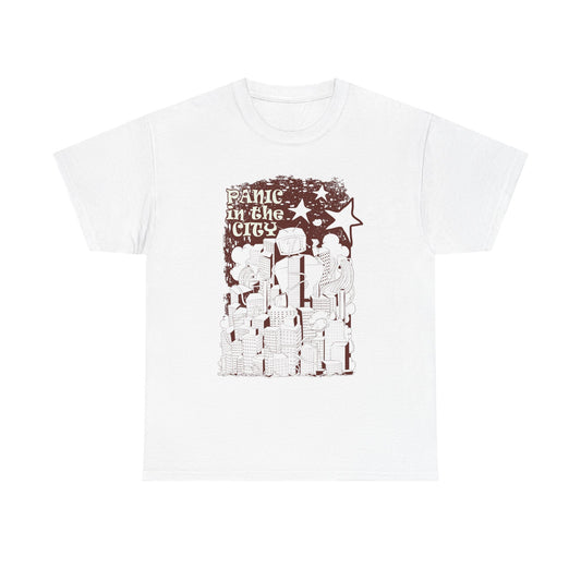 Elegant white men's T-shirt featuring a whimsical urban design titled 'PANIC IN the CITY'. The artistic illustration showcases a chaotic cityscape with playful characters, stars, and dynamic typography, encapsulating a unique blend of modern and vintage vibes.
