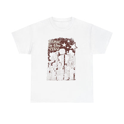 Luxurious white men's tee featuring a whimsical 'Panic in the City' design, showcasing an artistic cityscape with playful elements and vintage vibes, perfect for urban enthusiasts.