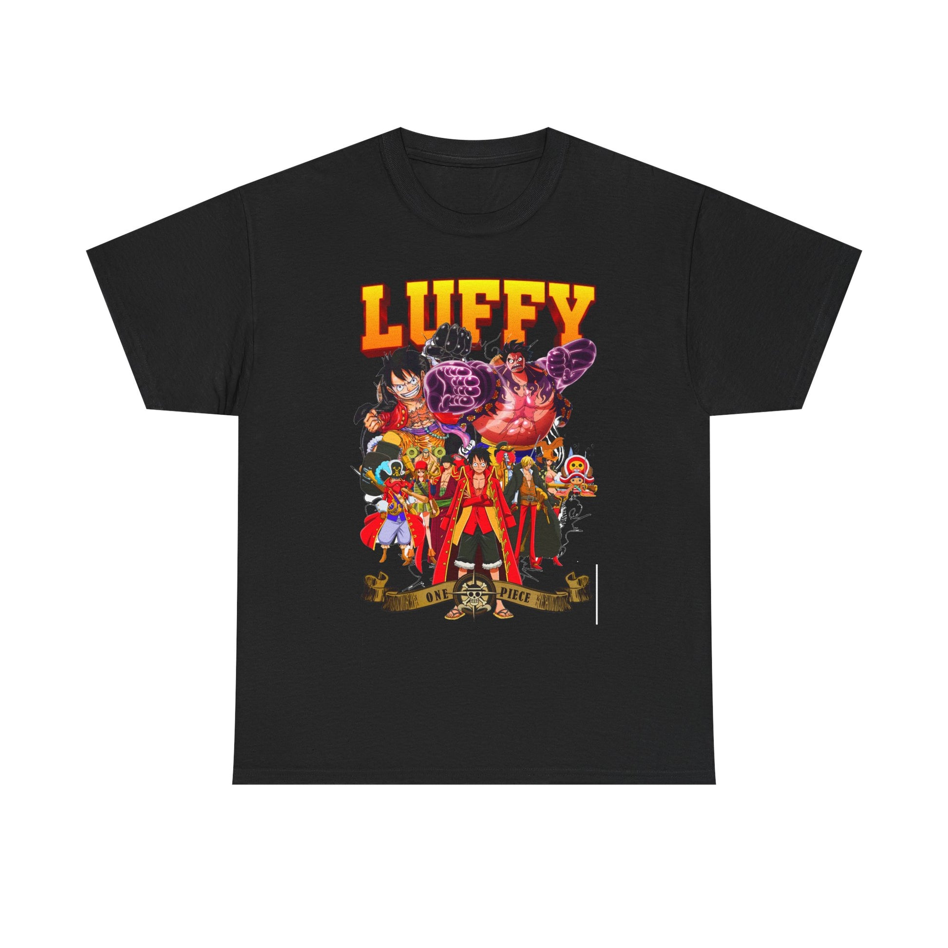 Luxury graphic t-shirt featuring vibrant illustrations of Luffy and One Piece characters on a black background, ideal for anime enthusiasts.