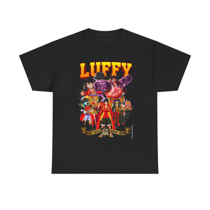 Luxury graphic t-shirt featuring vibrant illustrations of Luffy and One Piece characters on a black background, ideal for anime enthusiasts.