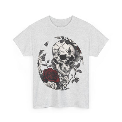 Front view of the Skulls and Roses Cotton Tee, Unisex Graphic Shirt, displaying the stunning steampunk graphic of a skull entwined with vibrant roses.
